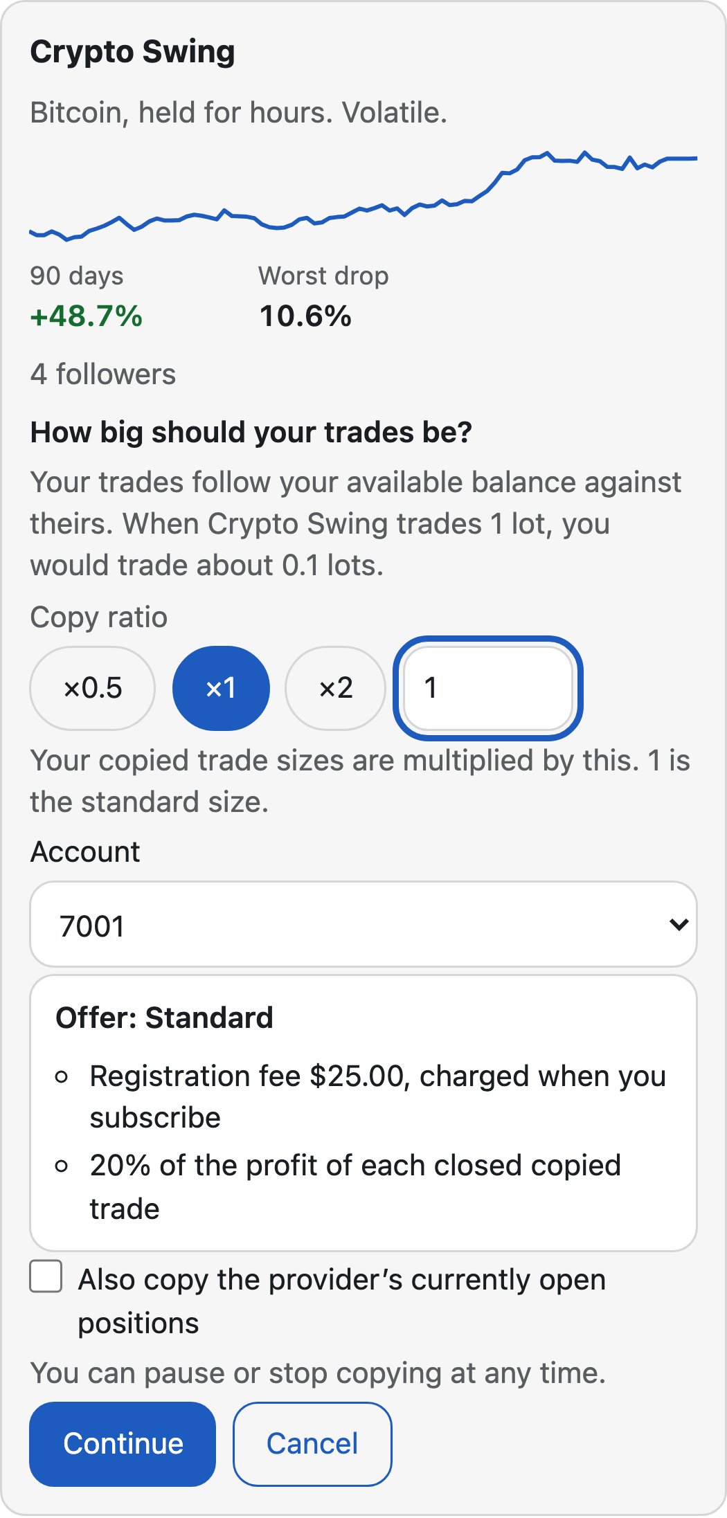 The client's view on a phone: a provider card with its track record and, before subscribing, what the copy ratio means in lots and the offer's fees in plain words.