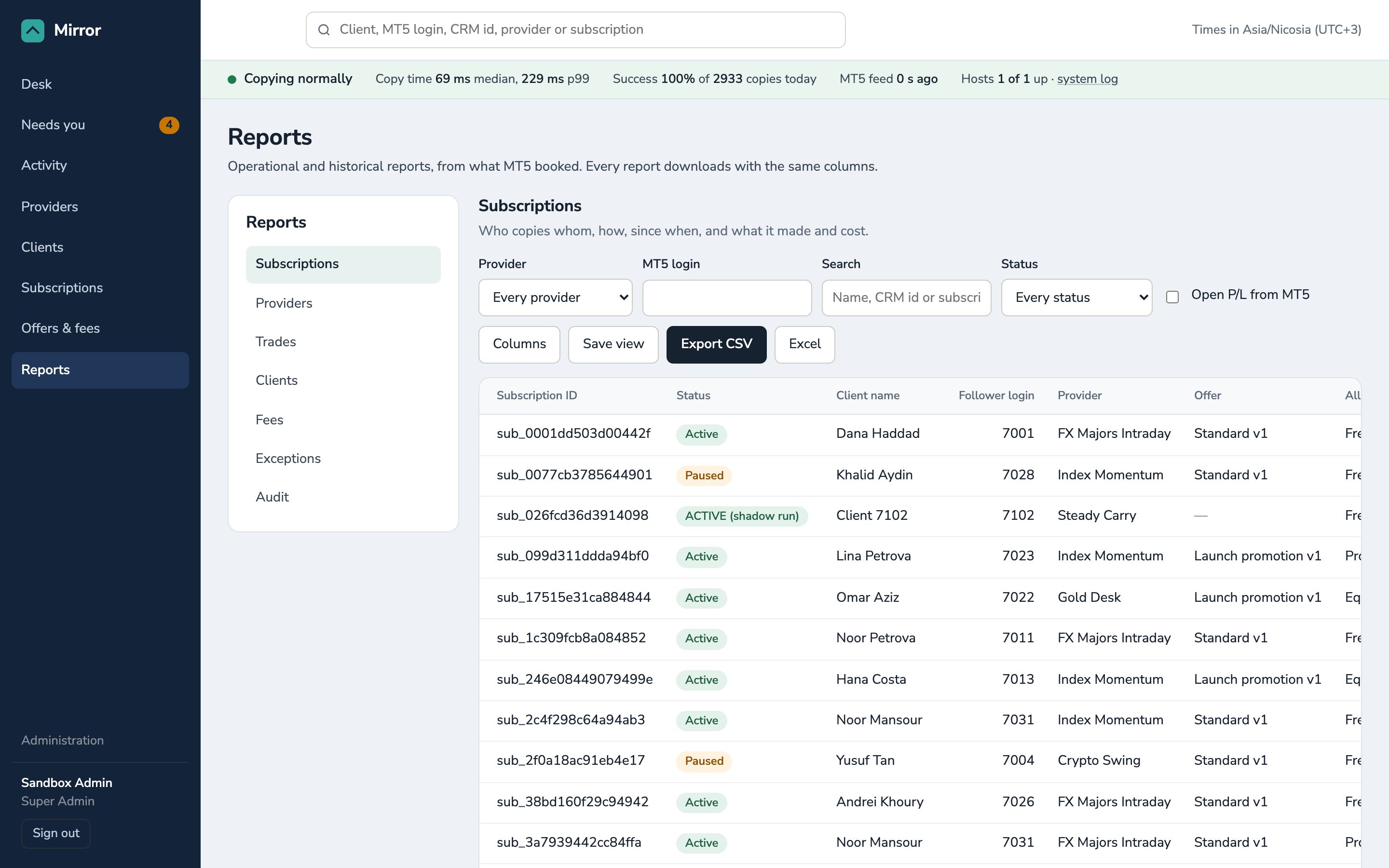 Reports: subscriptions, providers, trades, clients, fees, exceptions and audit, with filters, saved views and CSV or Excel export.