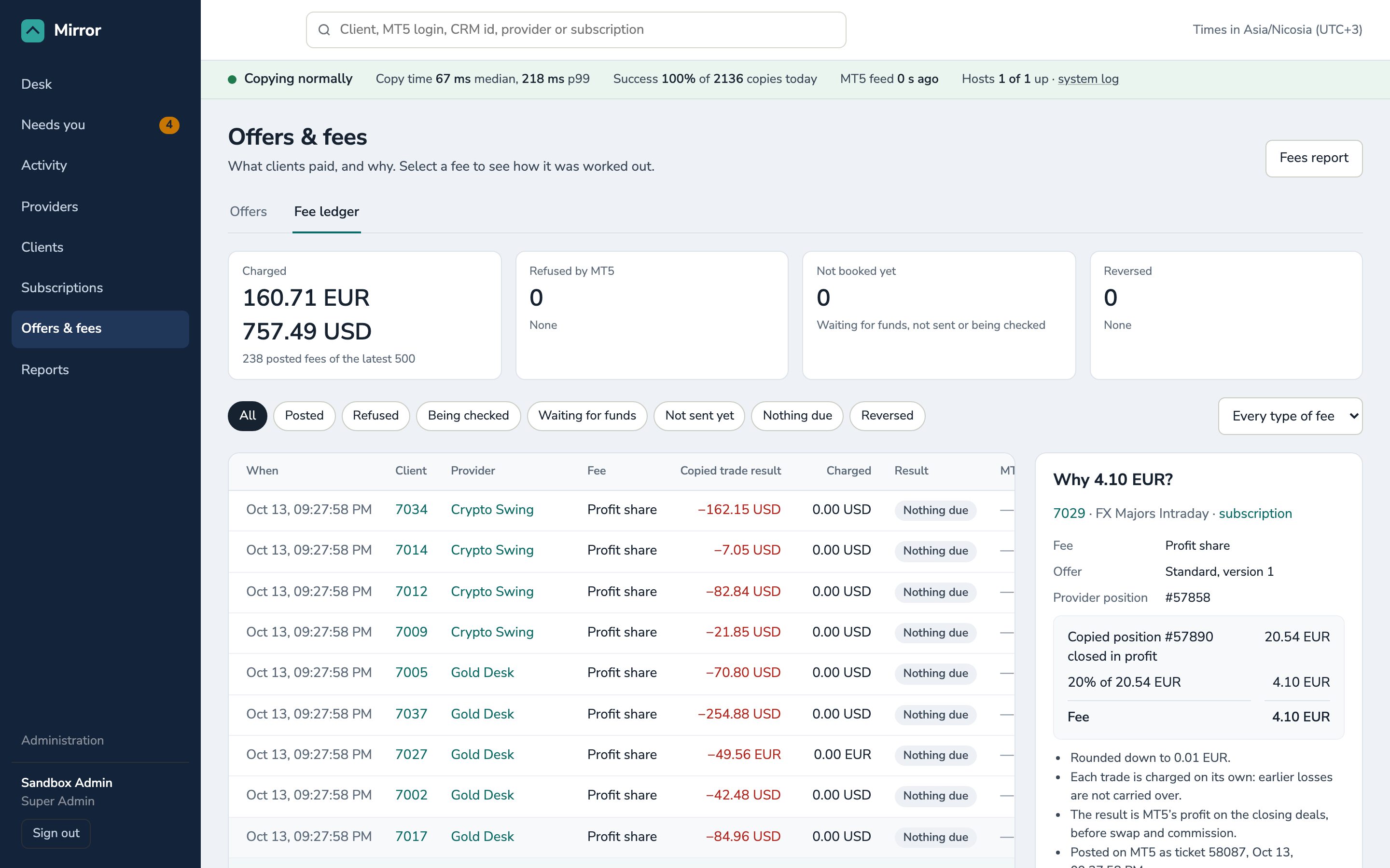The fee ledger: profit shares per closed copy, with the calculation of the selected fee and its MT5 ticket.